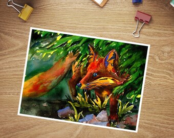 Carte de renard : « Coppers Companion », carte de voeux aquarelle mystérieuse de renard caché Fey. Carte sur le thème des bois, faune, renards, fantaisiste, lunatique