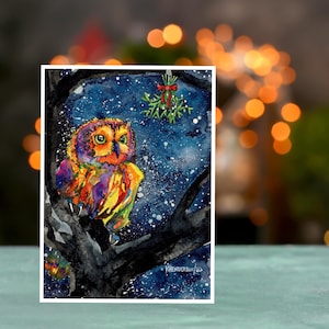 Cartes de Noël : lot de cartes de Noël aquarelle hibou et gui la nuit. Vierge à l'intérieur, jeu de cartes de Noël, carte de vœux faite main. 5 x 7 pouces