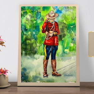 Impressão Rcmp: "Red Serge Proud" Pintura em aquarela de uma policial feminina saudando, Mulheres na polícia, presente para ela, arte policial