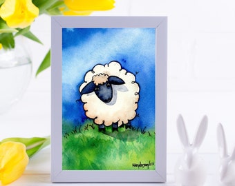 Sheep Print: "Sheepy", Watercolor Painting of a Lamb on a Grassy Hill, Whimsical Cute Sheep Illustration, Gift For Nursery, Easter Gift