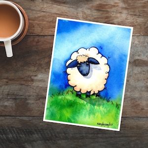 Carte mouton : carte aquarelle « timide » pour les amateurs de moutons et d'agneau, carte mignonne d'animaux de ferme, carte de baby shower, carte de Joyeuses Pâques, agneaux, brebis, béliers.