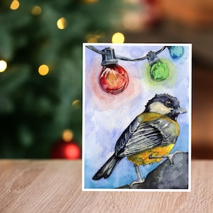Cartes de Noël : aquarelle mésange et lumières de Noël. Jeu de cartes de Noël vierges à l'intérieur, faites main, 5 x 7 po. Carte pour les fêtes