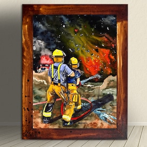 Firefighter Print: &quot;Standing Our Ground&quot; Watercolor Painting of a Male and Female Firefighter in Training for Graduation, Firefighter Gift