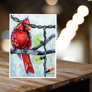 Christmas Cards: Cardinal with Christmas Lights Watercolor Christmas Card. Christmas Card Pack. Blank Inside, Handmade, Non-denominational