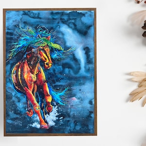 Impresión de acuarela de un caballo meren al galope: arte dramático de animales de granja