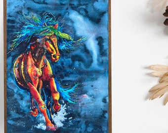 Galloping Merens Horse Watercolor Painting Print: Dramatic Farm Animal Art