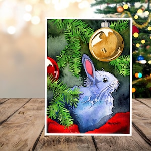 Cartes de Noël : lot de cartes de Noël aquarelle lapin avec décorations d'arbre, intérieur vierge, lot de cartes de Noël pour les amoureux ou les propriétaires de lapins.
