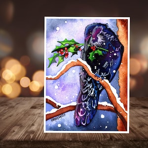 Cartes de Noël aquarelles : corbeau corbeau avec branche de houx, intérieur vierge, lot de cartes de Noël, carte de vœux faite main, 5 x 7 po