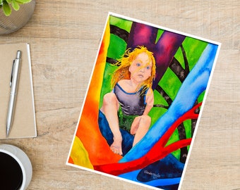 Rainbow Card: "Wild Child" Watercolor Painting of a Young Child Sitting in a Rainbow Tree, LGBTQ Pride, Colorful Rainbow Card for Kids.