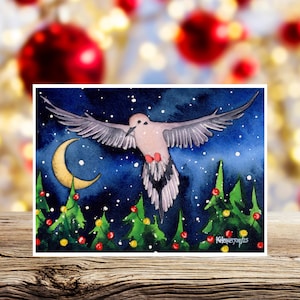 Cartes de Noël : Colombe triste volant la nuit près de la lune carte de Noël aquarelle. Intérieur vierge, 5 x 7, paquet de cartes de Noël faites main, Noël