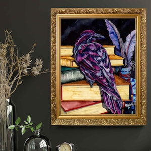 Dark Academia Raven & Books Watercolor Painting Print - Handmade Bookish Painting of a Raven Crow With Ancient Texts, Gift for Academics