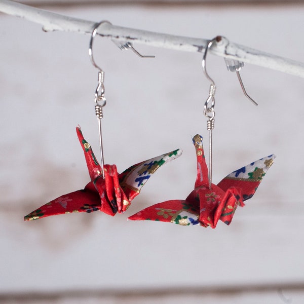 Red Japanese Origami Paper Crane Earrings | Japanese Washi Paper Jewelry | Origami Jewelry | Gifts for Her