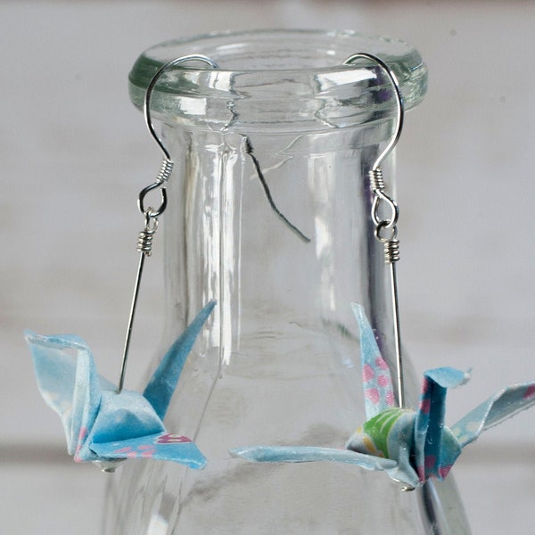 Origami Paper Crane Earrings with Blue flower paper gift for girls