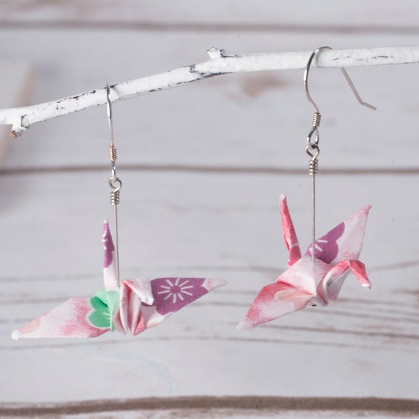 Pink Floral Origami Paper Crane Earrings | gift for girls