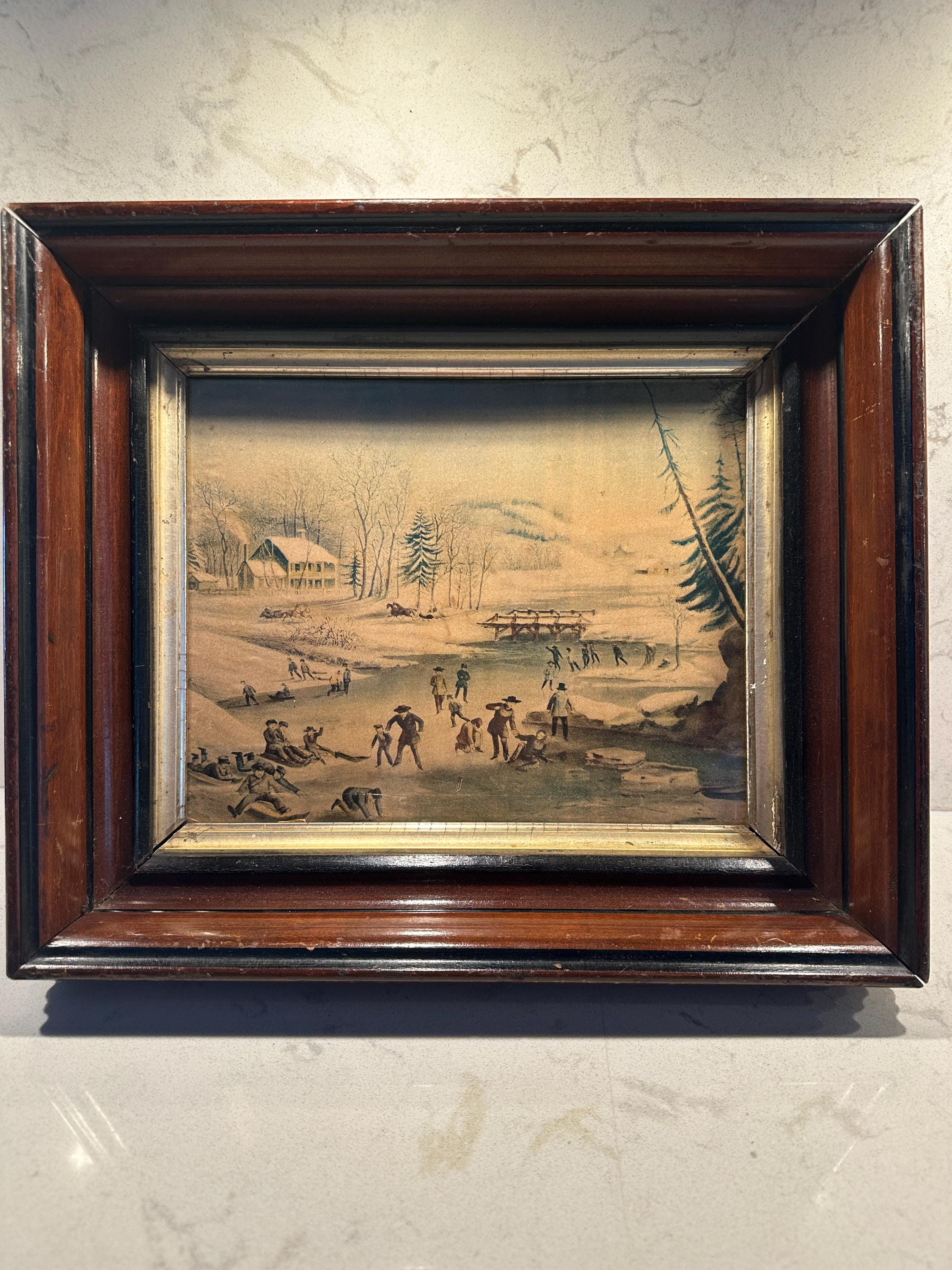 On The Pond In Winter  - A vintage reproduction in a beautiful walnut frame