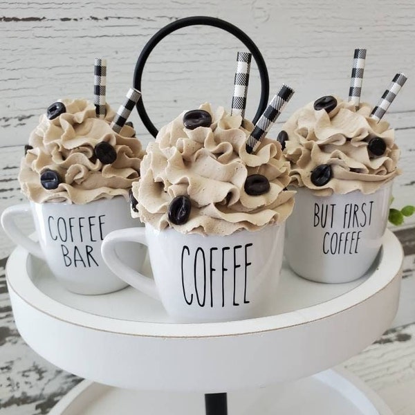 Mini Coffee Mug with Faux Whipped Cream Topper | Coffee Beans | Tiered Tray Decor