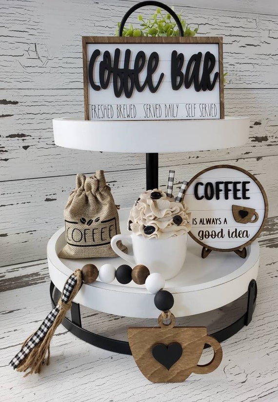 8 Pieces Coffee Tiered Tray Decor Coffee Bar Accessories Table Centerpiece  Farmhouse Decorations Gnome Rustic Coffee Bar Wood Signs for Home Kitchen