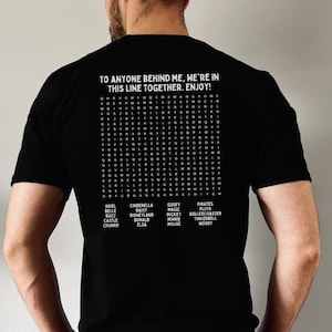 Funny Interactive Disneyland T-Shirt - Fun Word Search Puzzle on Back - Waiting in Line, Disneyland Rides, Disneyworld, Word Find, Line Game