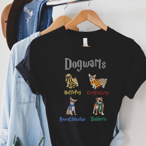 Maisons Dogwarts, T-shirt inspiré drôle de Harry Potter, Amant de Harry Potter, Chemise d’amant de chien, Corgi, Carlin, Chihuahua, Tee-shirt graphique Bulldog