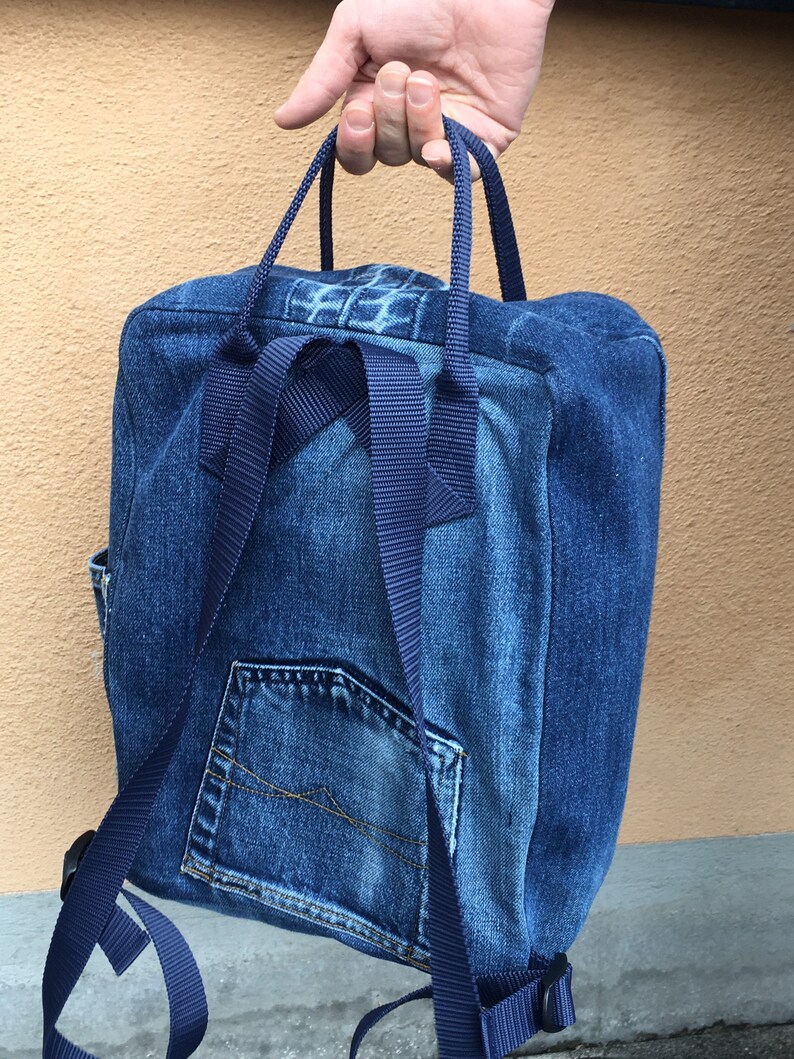 denim upcycle Bella backpack ryggs\u00e4ck rug sack Jeans Backpack small bag recycled clothing