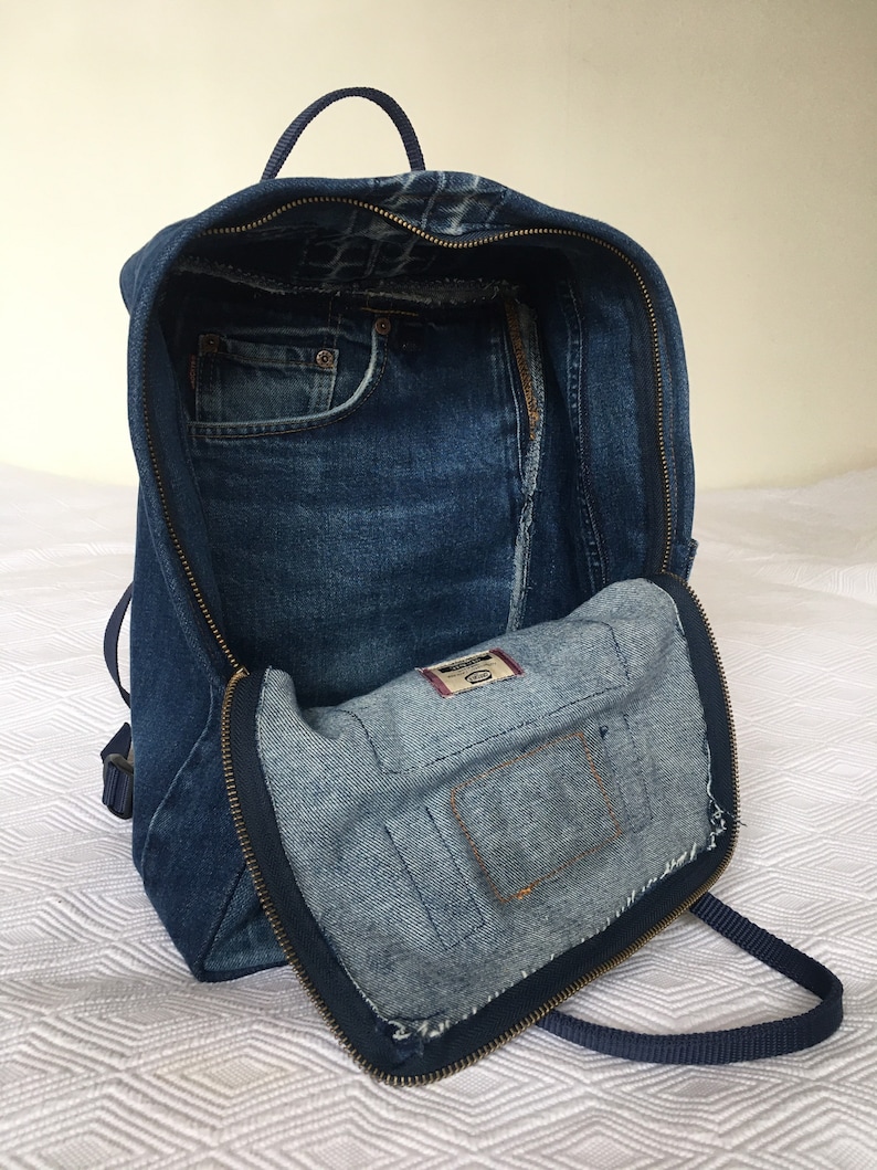 denim upcycle Bella backpack ryggs\u00e4ck rug sack Jeans Backpack small bag recycled clothing