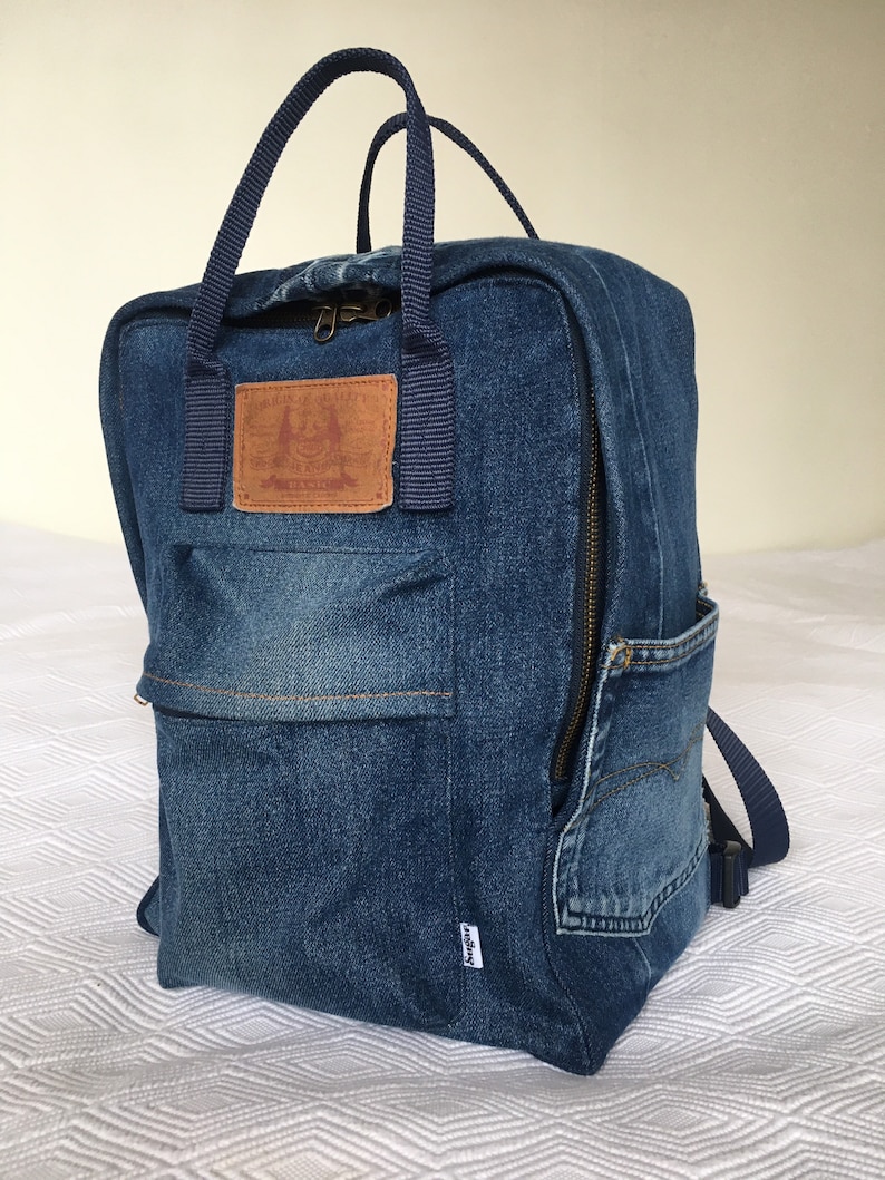 denim upcycle Bella backpack ryggs\u00e4ck rug sack Jeans Backpack small bag recycled clothing