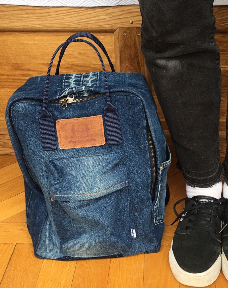 denim upcycle Bella backpack ryggs\u00e4ck rug sack Jeans Backpack small bag recycled clothing