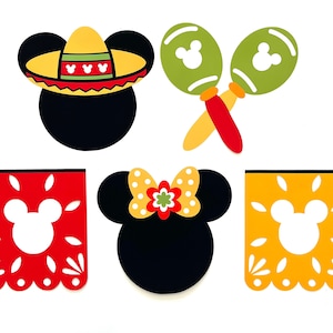 May include: A set of five colorful party decorations featuring Mickey Mouse in a sombrero, maracas, and two pennant banners with Mickey Mouse ears. The banners are red and yellow with a white Mickey Mouse silhouette.