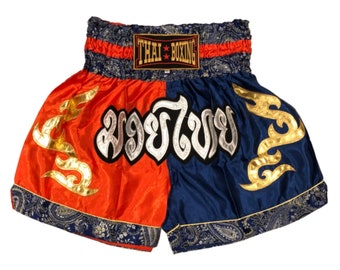 Muay Thai Boxing Shorts, 2 Ton Rot & Blau, Thai Script, verschiedene Größen