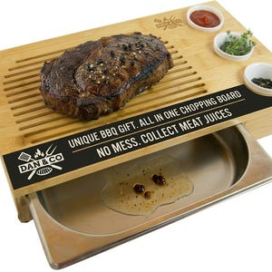 Large Bamboo Wooden Chopping Board with Juices Drip Tray & 3 Dip Pots, 48cm - BBQ, Father's Day Gift