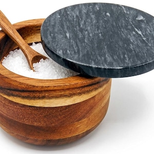Acacia Wood Salt Cellar with Marble Lid & Spoon - 10 oz Spice Container