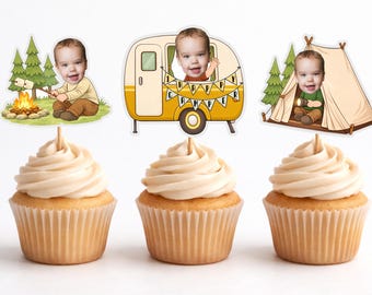 One happy camper custom cupcake toppers, Camping birthday decorations, camp first  birthday