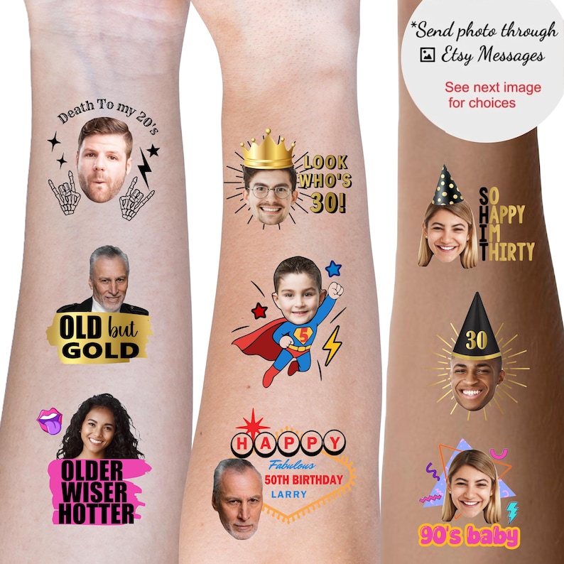 Temporary Birthday Face tattoo, 40th birthday custom head photo tattoos image 1