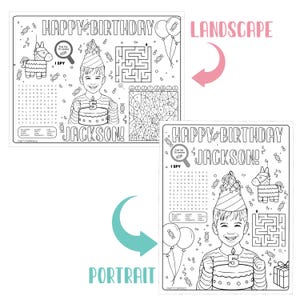 Op de afbeelding: Zwart-wit verjaardagsplacemat met de tekst "HAPPY BIRTHDAY JACKSON!" met een kind dat een taart vasthoudt met een kaars met nummer 5. Inclusief een zoekspel, een doolhof en een kleur-op-nummer activiteit.
