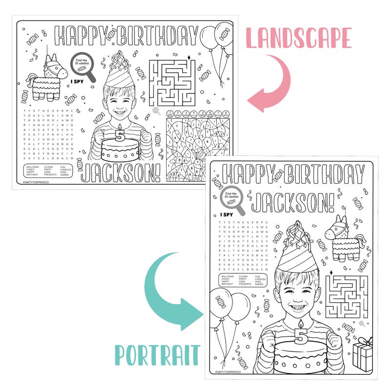 Op de afbeelding: Zwart-wit verjaardagsplacemat met de tekst "HAPPY BIRTHDAY JACKSON!" met een kind dat een taart vasthoudt met een kaars met nummer 5. Inclusief een zoekspel, een doolhof en een kleur-op-nummer activiteit.
