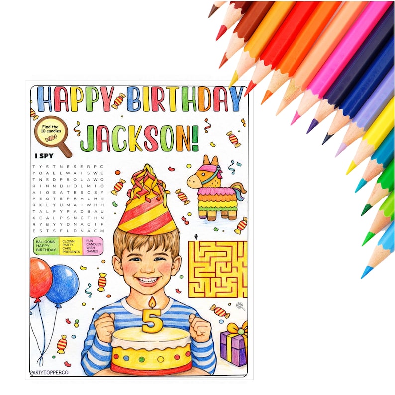 Op de afbeelding: Een kleurrijk activiteitenvellen met het thema verjaardag met de tekst "HAPPY BIRTHDAY JACKSON!" en een lachend kind dat een taart vasthoudt met een "5" kaars. Bevat een doolhof, een zoekspel en een pi&ntilde;ata-illustratie. Gekleurde potloden staan op de achtergrond.