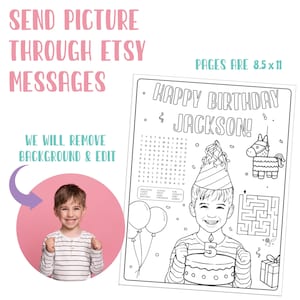 Op de afbeelding: Een gepersonaliseerde verjaardagskleurplaat met de tekst "Happy Birthday Jackson!" en een tekening van een jongen die een taart vasthoudt. De afbeelding bevat ook een woordzoeker, een doolhof en een pi&ntilde;ata. De pagina is 21,6 x 27,9 cm groot.