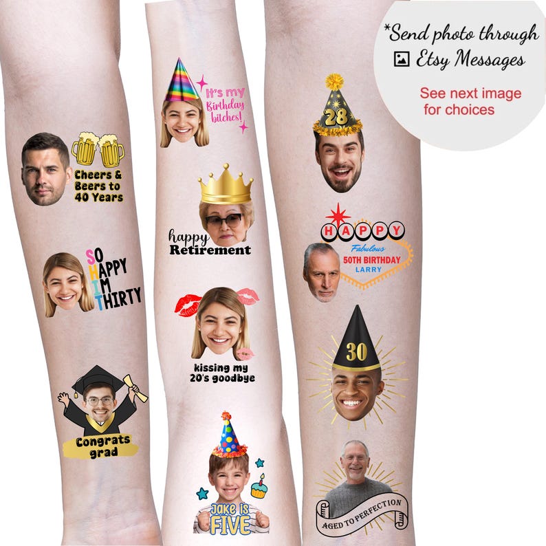 Temporary Birthday Face tattoo, 40th birthday custom head photo tattoos image 7