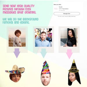 May include: Three images show different people wearing party hats. The first image shows a child wearing a sombrero. The second image shows an adult wearing a rainbow and gold party hat with the text "make 50 look good". The third image shows an adult wearing a black and gold party hat with the text "Happy Birthday Mattea".