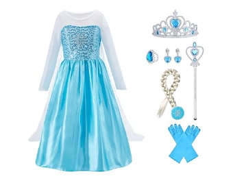 LB Princess Elsa Dress Set Girl Fancy Party Costume Fancy Outfit Crown Wand Gloves Ear Rings