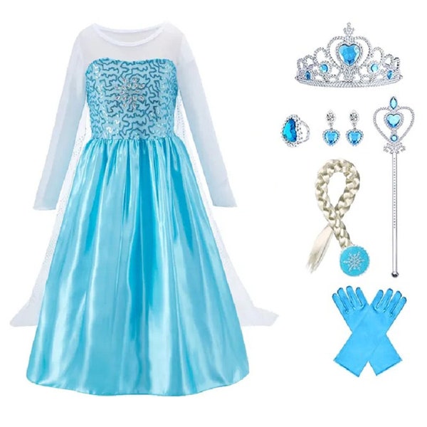 LB Princess Elsa Dress Set Girl Fancy Party Costume Fancy Outfit Crown Wand Gloves Ear Rings