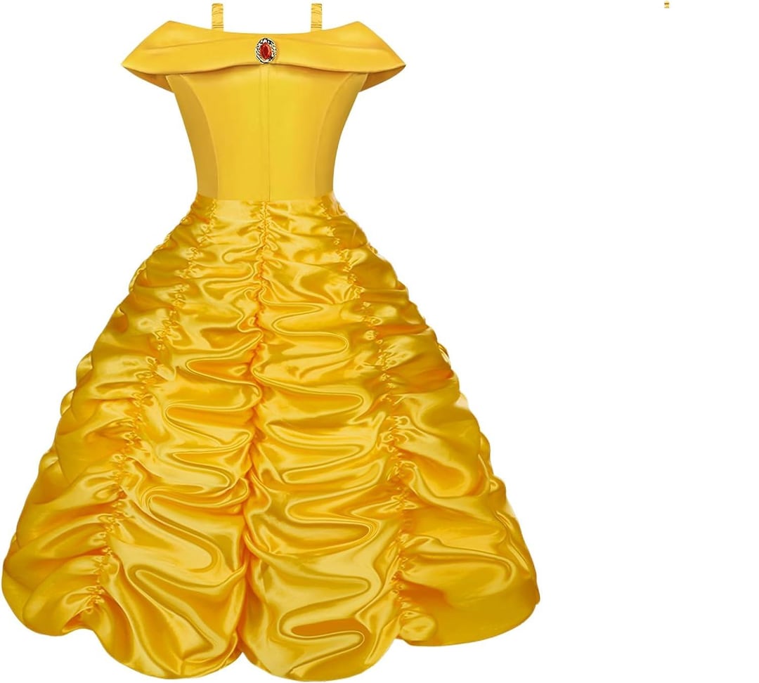 DH Princess Belle Yellow Deluxe Girls Costume Dress With Crown, Wand & Gloves - Size 3-10 Years, Halloween Cosplay