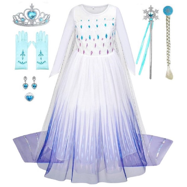 Princess Elsa 2 Dress Set Girl Party Costume Fancy Outfit Crown Wand Necklace Glove WHITE