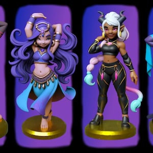 Puede incluir: Cuatro figuras de fantasía de personajes femeninos con cuernos y colas. Cada figura está sobre una base dorada y viste un atuendo único en tonos rojos, morados, negros y azules. Las figuras tienen diferentes peinados y poses.