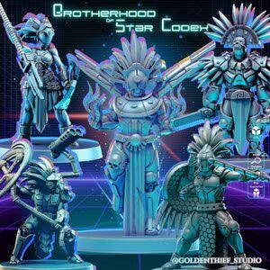 May include: Five miniature figures in a futuristic, tribal style. The figures are painted in a metallic silver colour and have intricate details. The figures are standing on a blue and purple background.