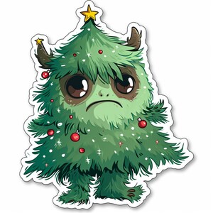 Könnte beinhalten: Ein grüner Weihnachtsbaum-Monster mit einem Stern oben drauf und roten Kugeln. Das Monster hat einen traurigen Gesichtsausdruck und steht auf zwei Beinen.