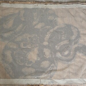 May include: A close-up of a beige canvas with a white mesh pattern. The canvas is slightly wrinkled and has a frayed edge.
