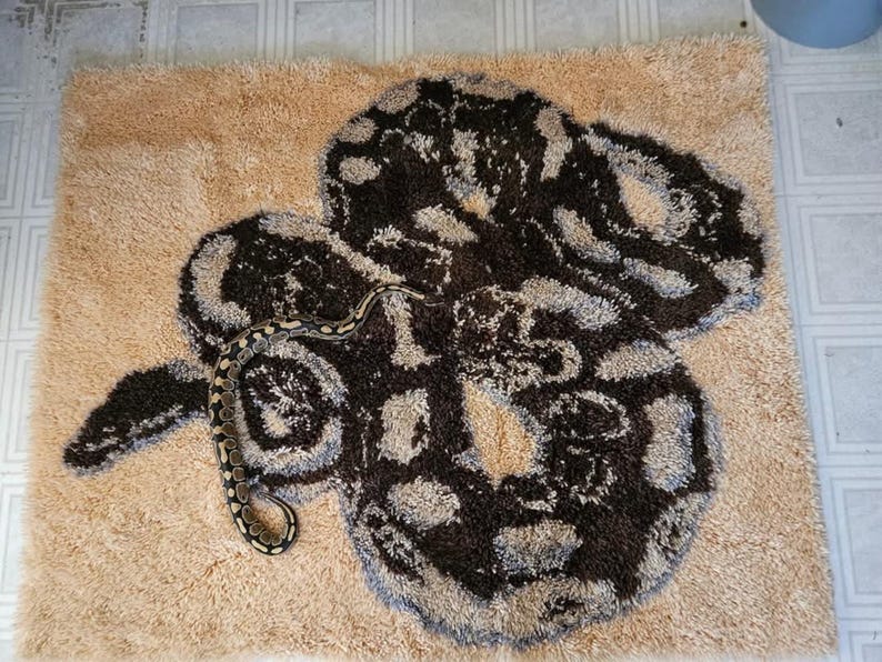 May include: A brown and white snake patterned rug with a real snake curled on top of it.