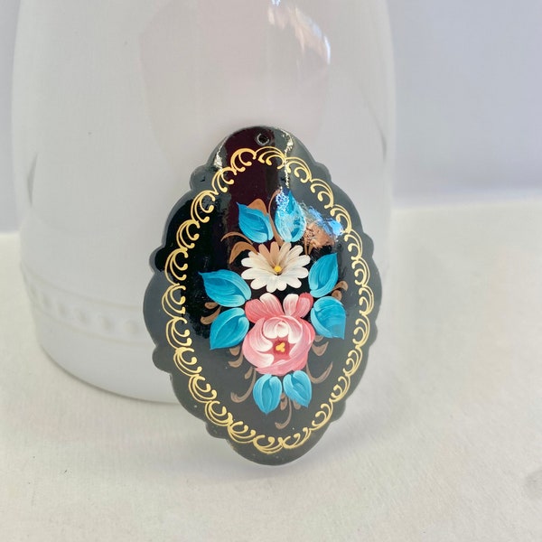 Russian Lacquered Pendant | Hand Painted | 2 5/16” or 60 mm Pendant | Mstera | Paper Mache | Scalloped Edge| Black and Blue