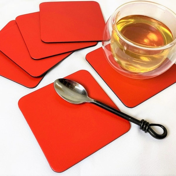 Set of 6 Bright Red Bonded Leather Coasters, HAND MADE In The UK, Drinks Mug Cup Mats